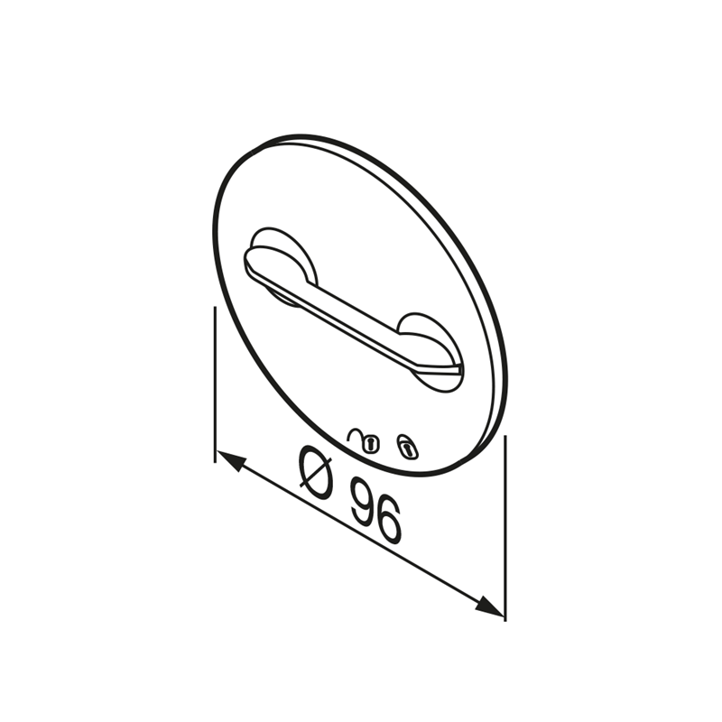 Illustration of a circular object with a handle, showing dimensions on a white background.