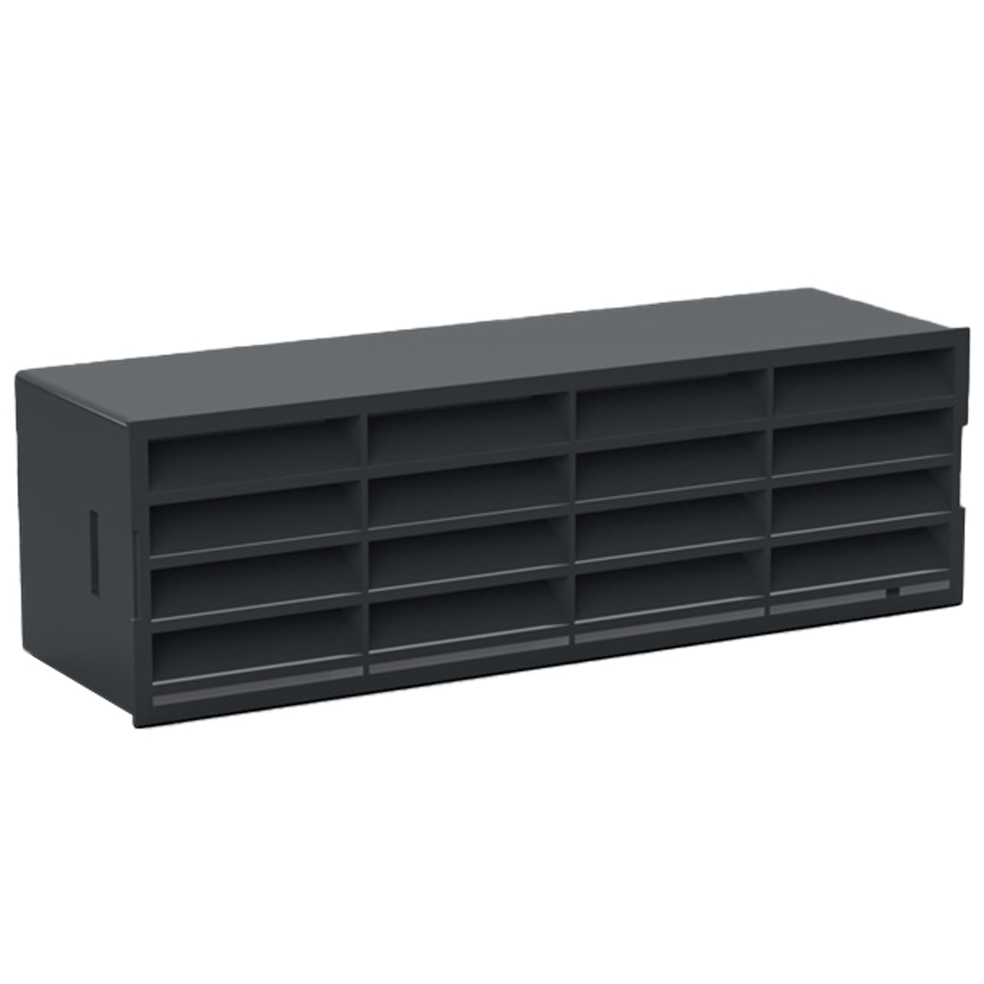Black storage unit with multiple compartments on a white background