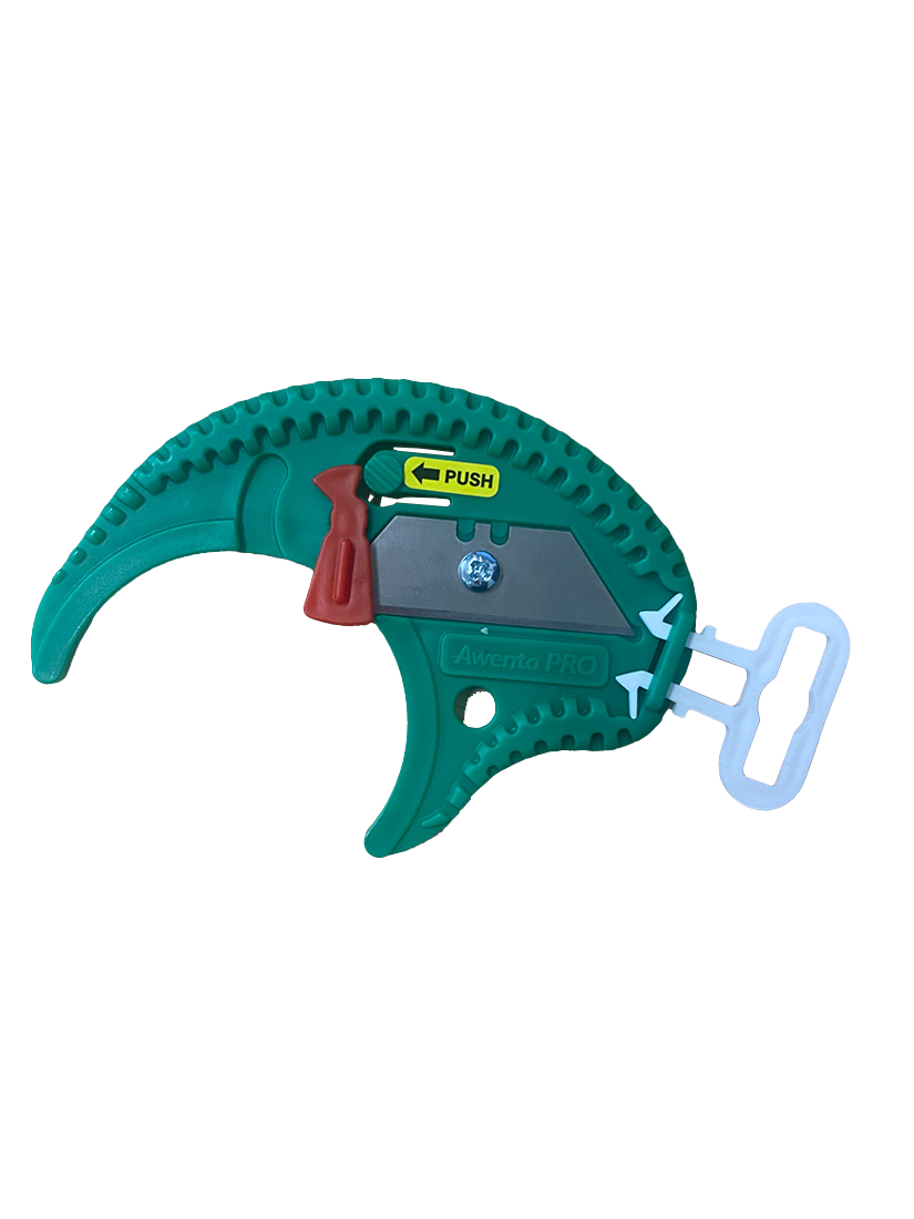 Green plastic tool with a red handle and blue clip on a white background