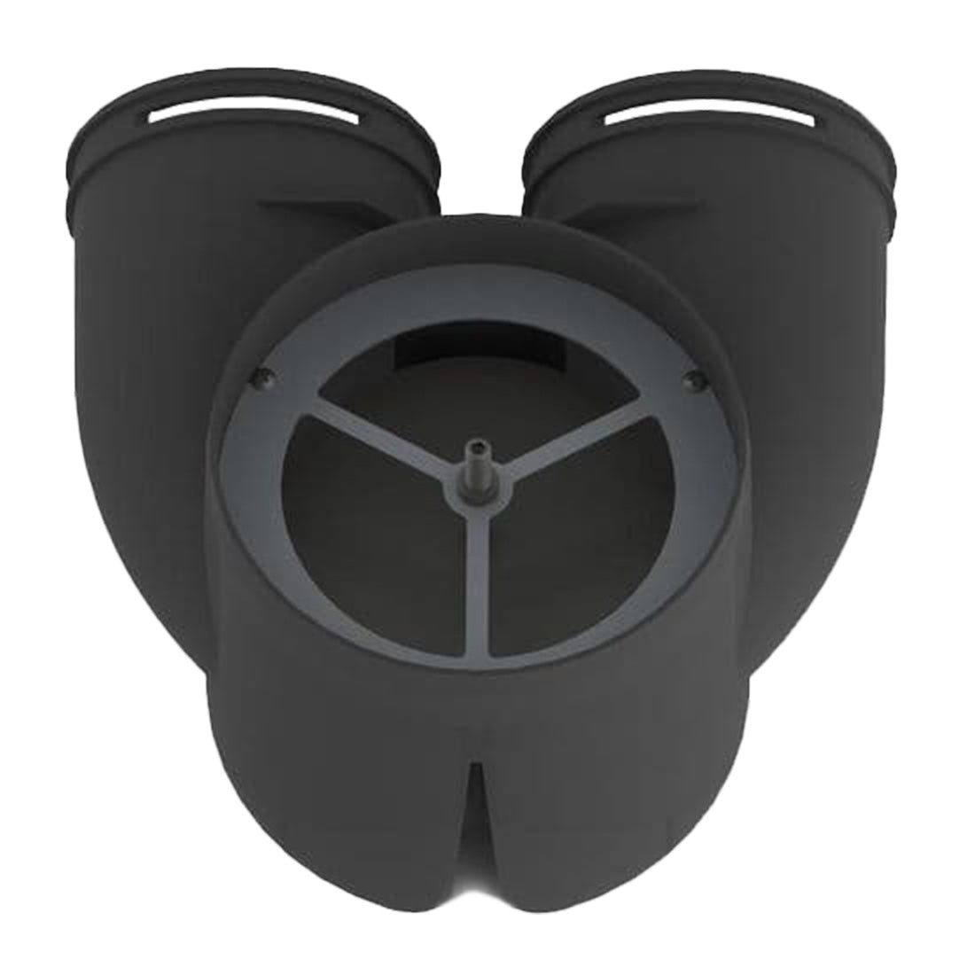Black three-pronged object on a white background