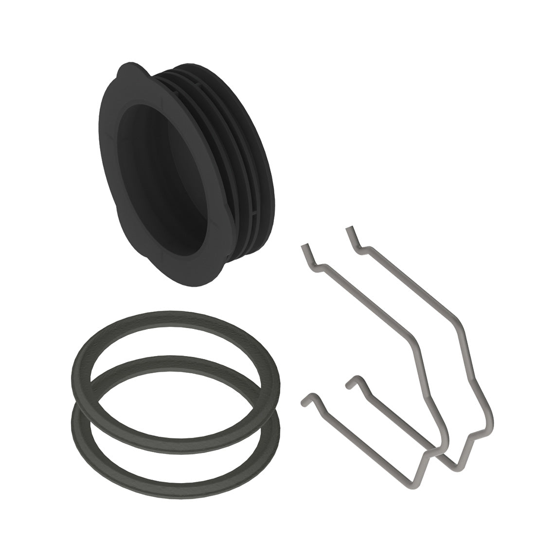 Mechanical parts including a black gasket, spring, and metal washers on a white background
