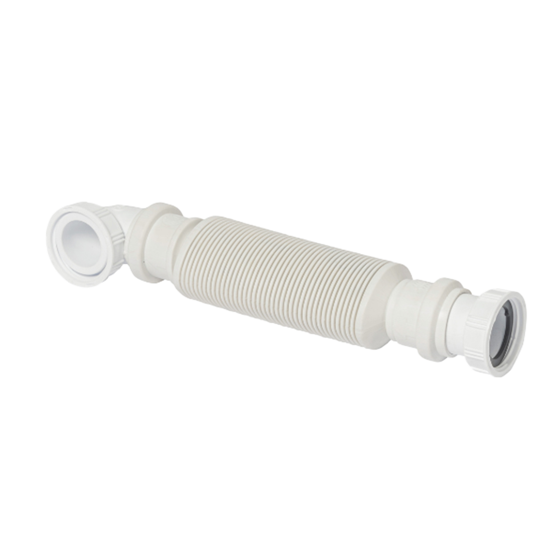 White flexible hose with compression fitting on a white background