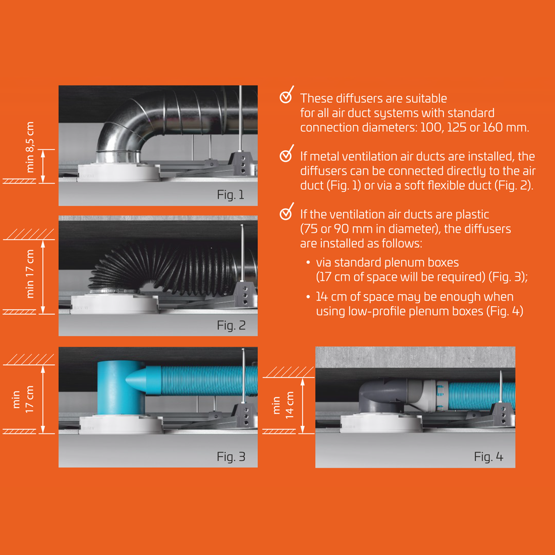 Technical diagram of air duct diffusers with measurements and installation instructions on an orange background.