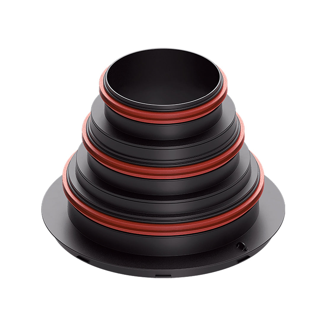 Stack of black and red cylindrical components on a white background