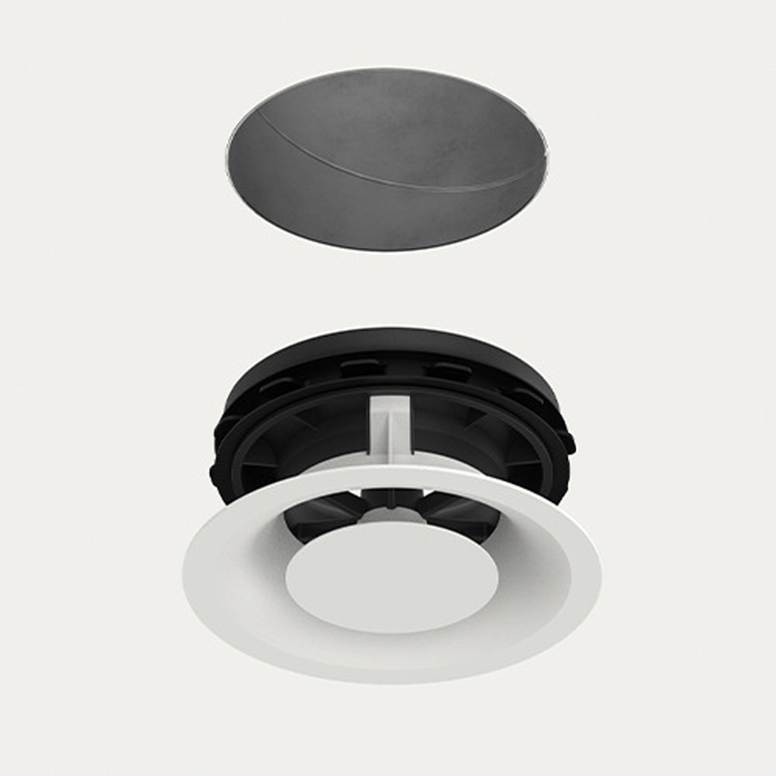 Ceiling light fixture with black and white fire duct on a gray background