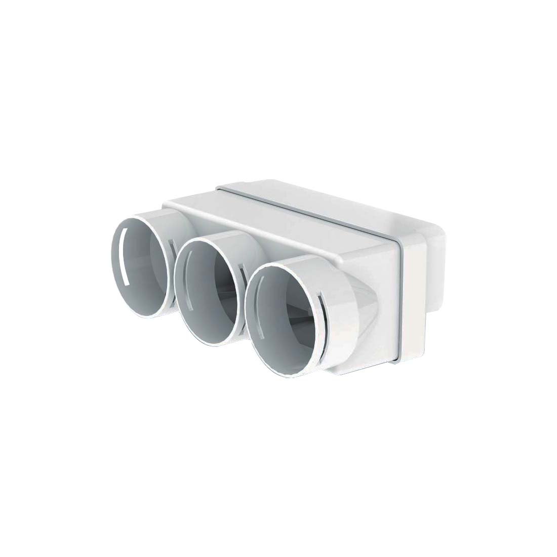 White wall-mounted air vent with three cylindrical ducts on a white background