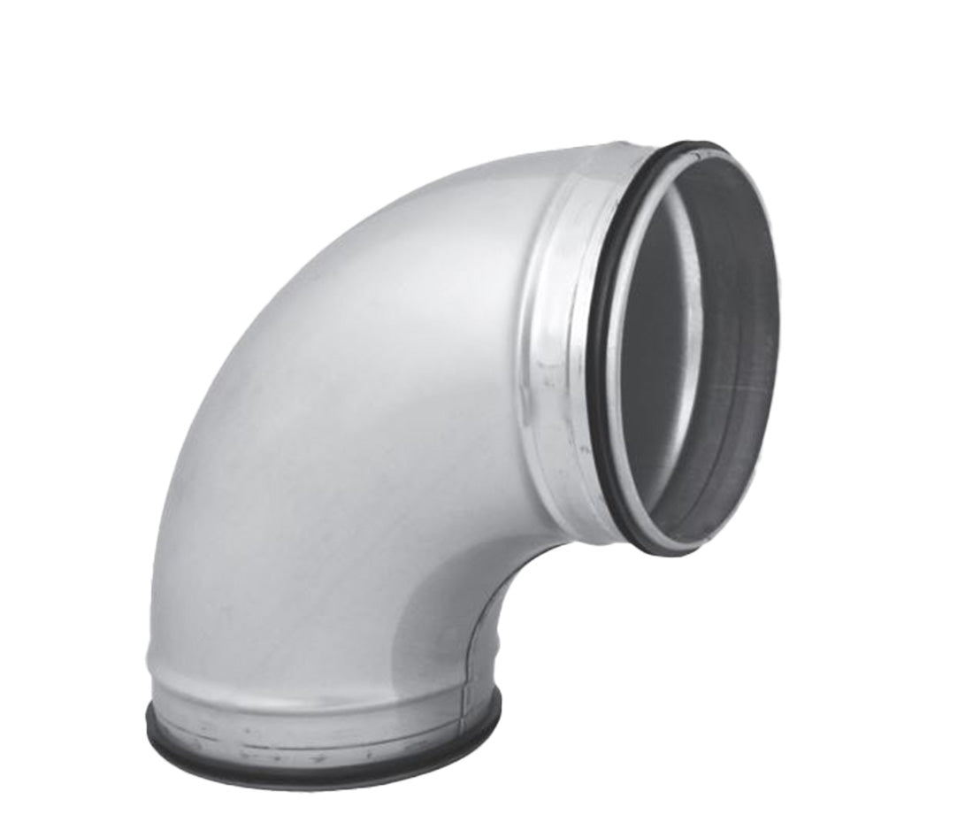 A 90-degree pressed metal bend with seals for ducting systems.