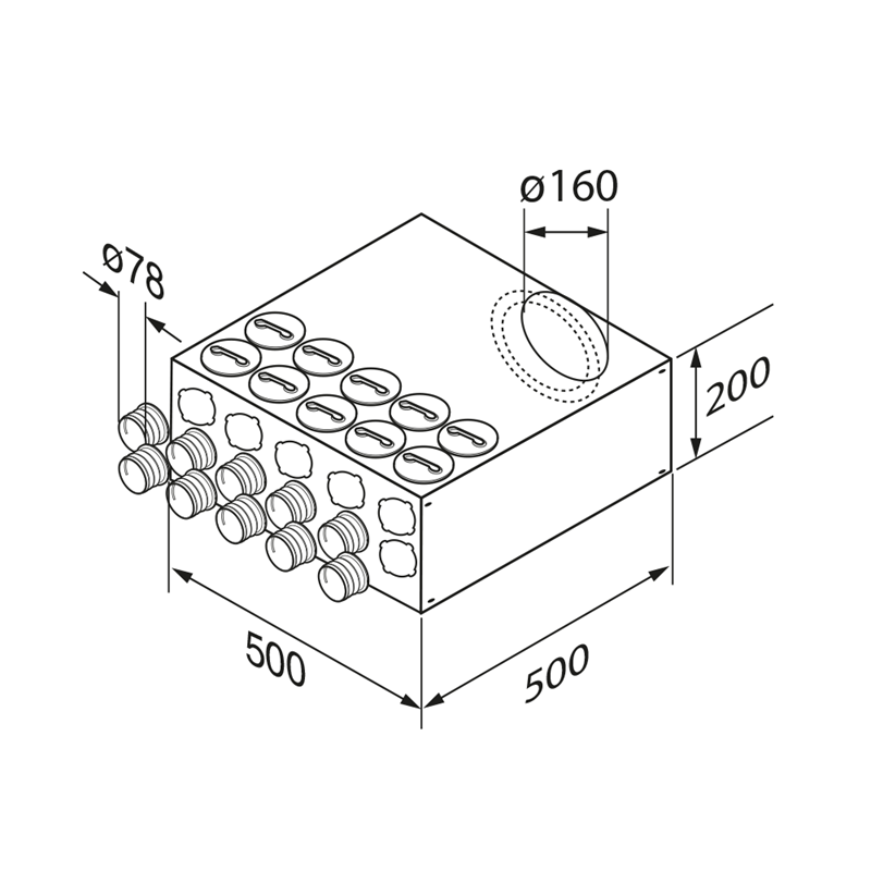 Technical drawing of a cube with dimensions labeled