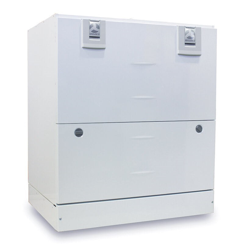 White metal storage cabinet with two doors on a white background