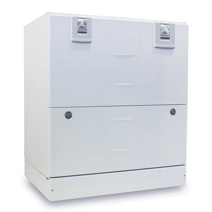 White metal storage cabinet with two doors on a white background