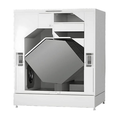 White vending machine with a transparent front on a white background