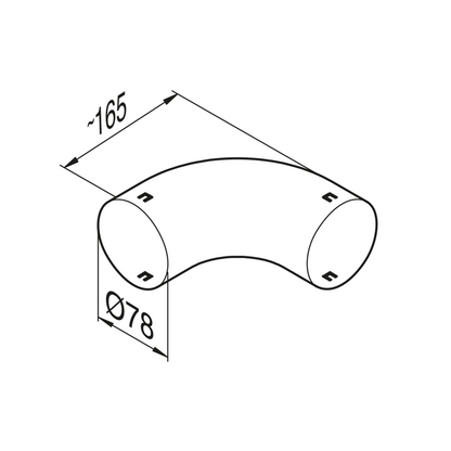 Technical drawing of a curved metal pipe with dimensions labeled