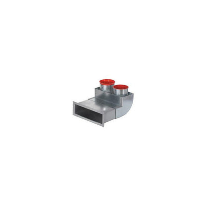 Metallic kitchen exhaust hood with two red duct connectors on a white background