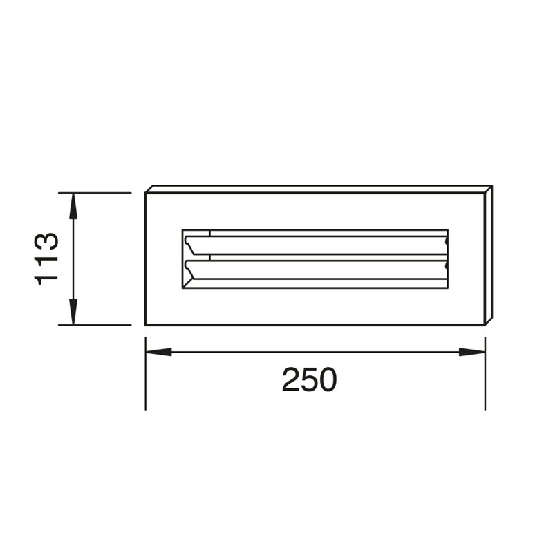 Technical drawing of a rectangular air vent with dimensions labeled