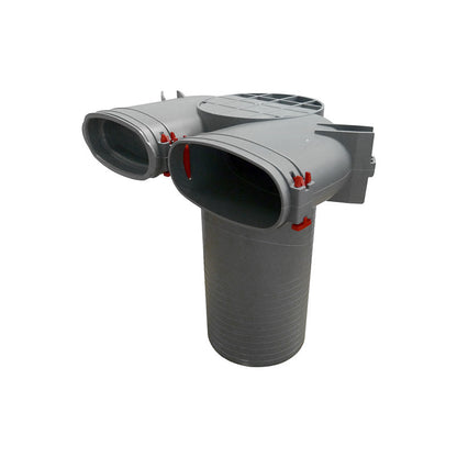 Gray plastic component with multiple ports on a white background