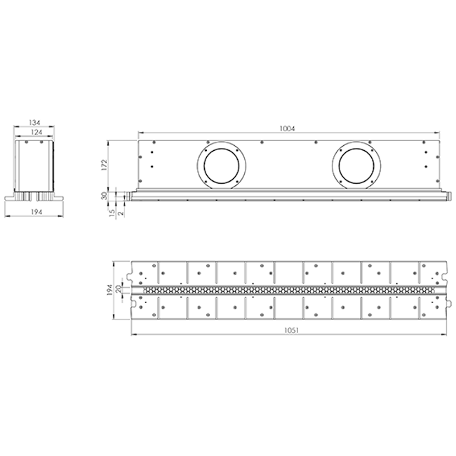 Technical drawing of a rectangular component with circular holes and dimensions on a white background