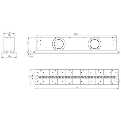 Technical drawing of a rectangular component with circular holes and dimensions on a white background
