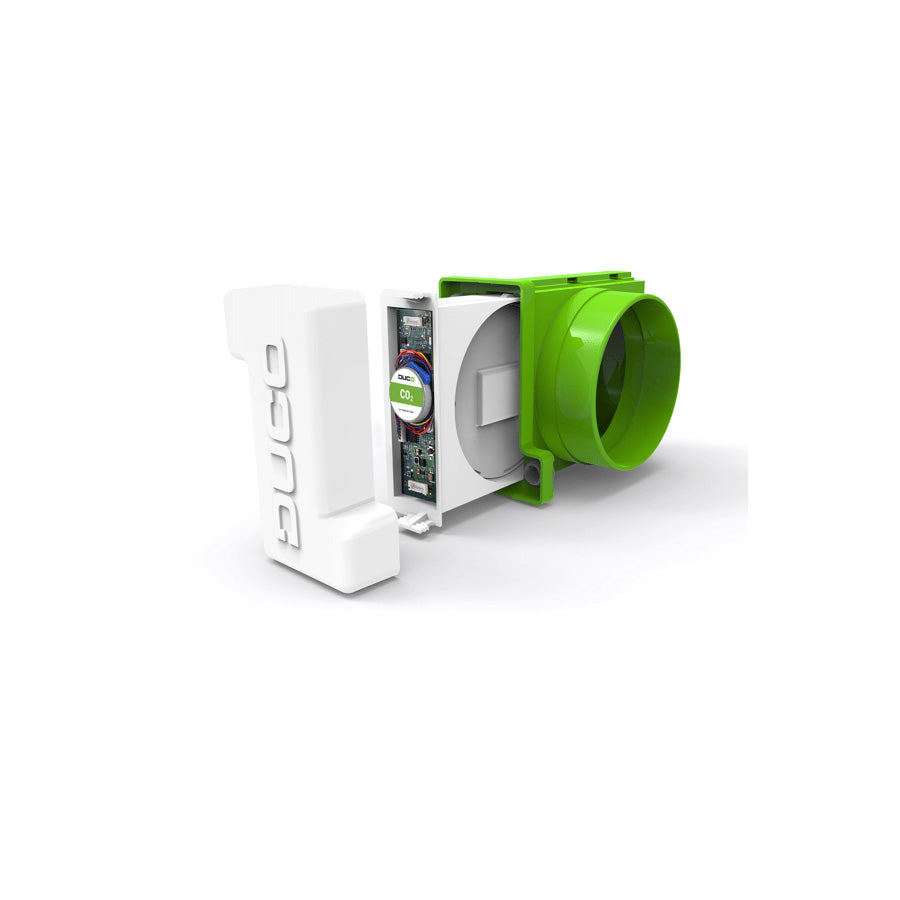Green and white mechanical device on a white background