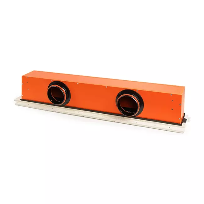 Orange rectangular object with two circular holes on a white background