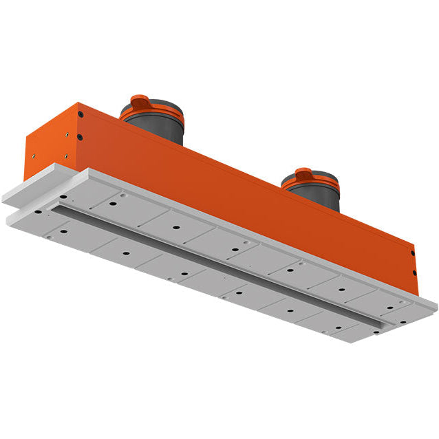 Mechanical component with orange and gray colors on a white background