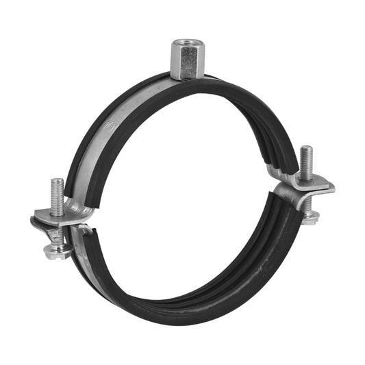 Metal pipe clamp with black rubber gasket on a white background