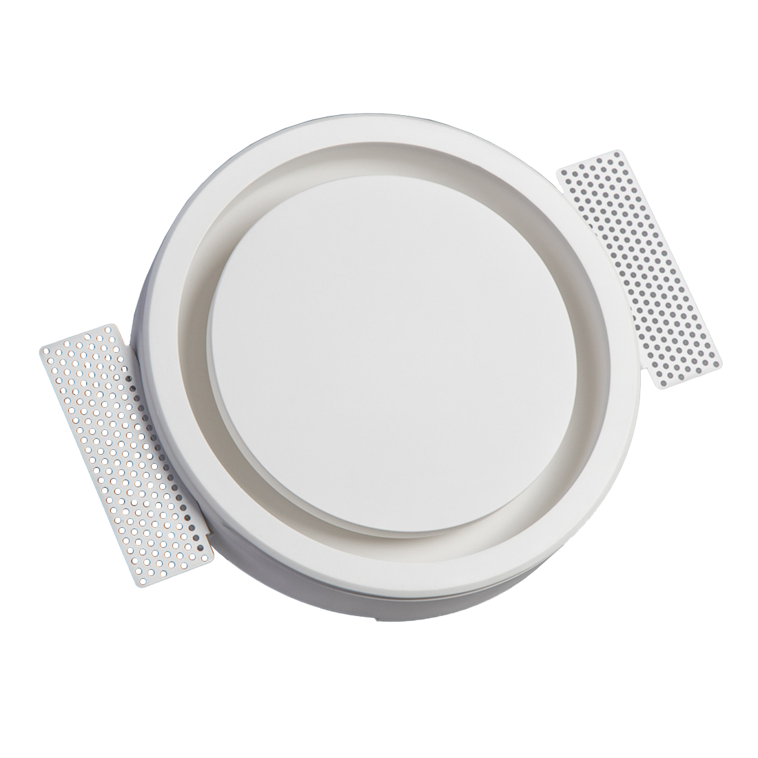 Round white light fixture with metallic trim on a white background