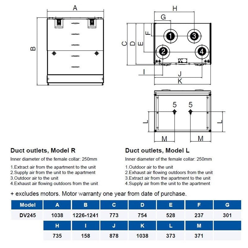 Technical drawings and specifications for duct outlets Model R and Model L on a white background.