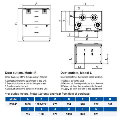 Technical drawings and specifications for duct outlets Model R and Model L on a white background.