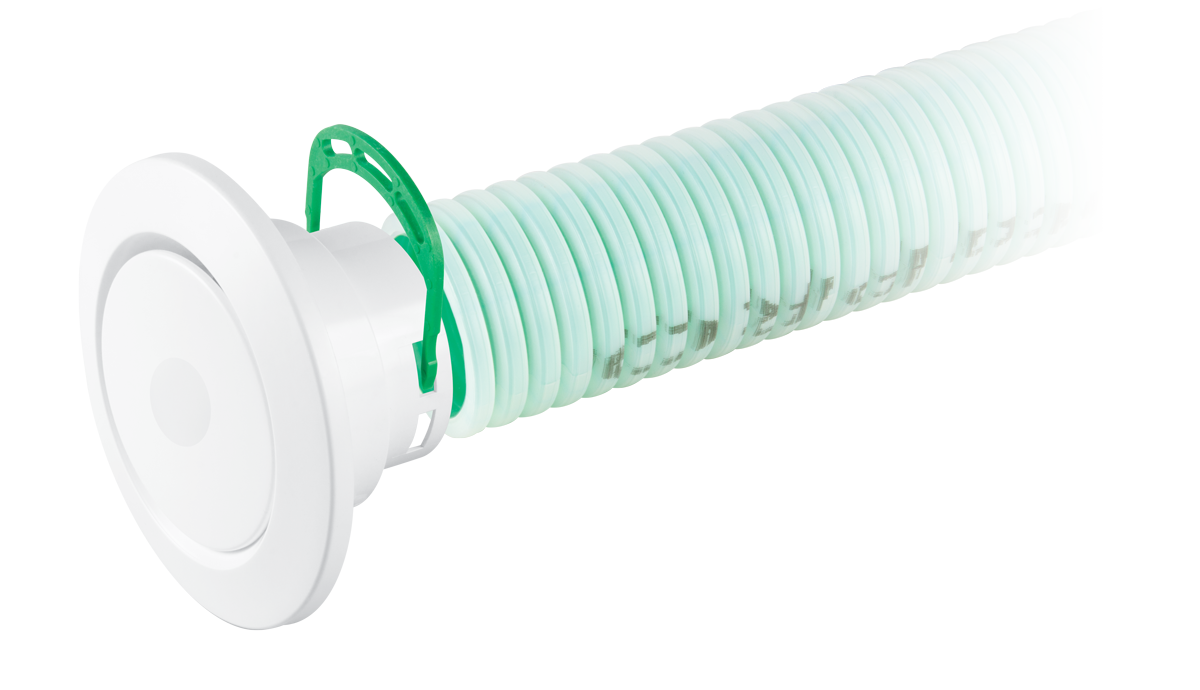 White shower head with a green flexible hose on a white background
