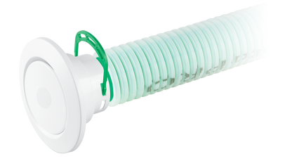 White shower head with a green flexible hose on a white background