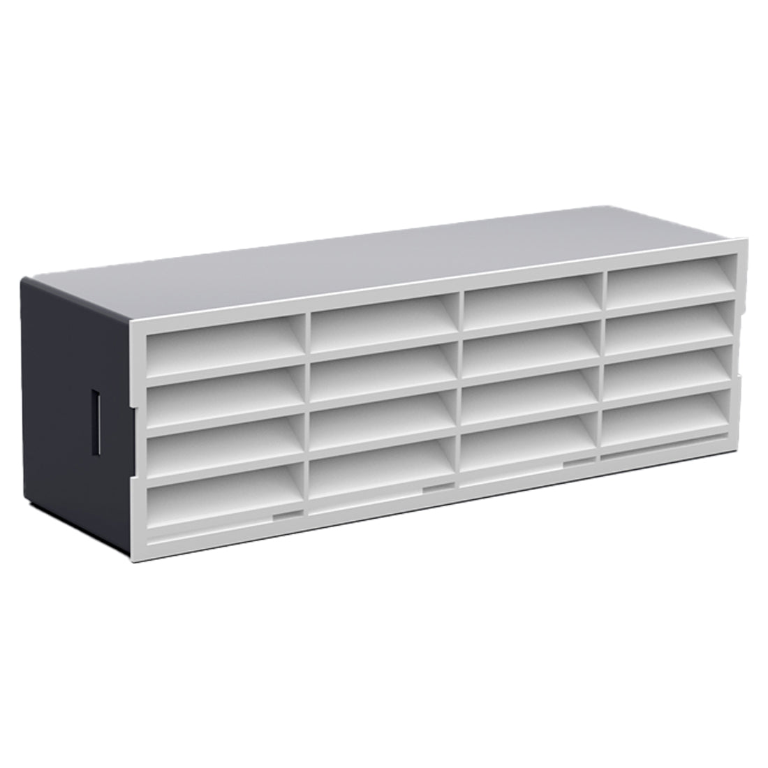 White shelving unit with gray base on a white background