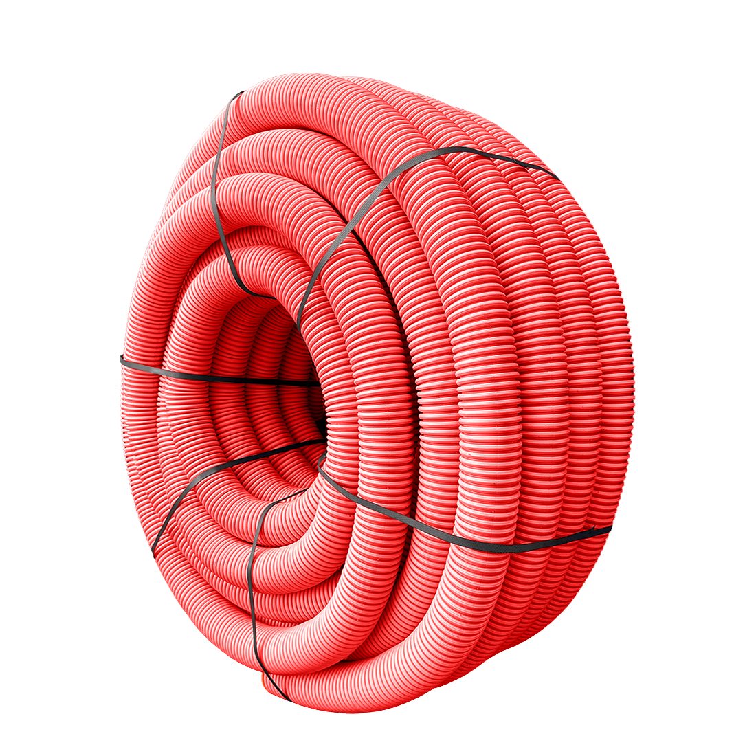 Coiled red pipe with black lines on a white background