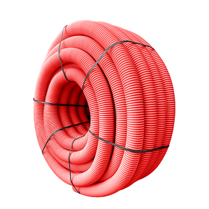 Coiled red pipe with black lines on a white background