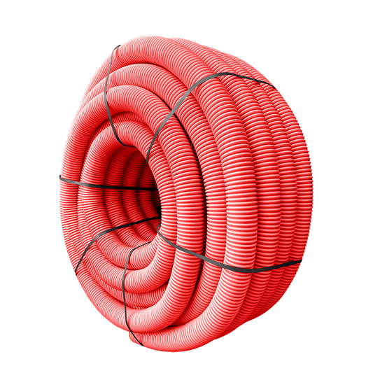Coiled red pipe with black lines on a white background