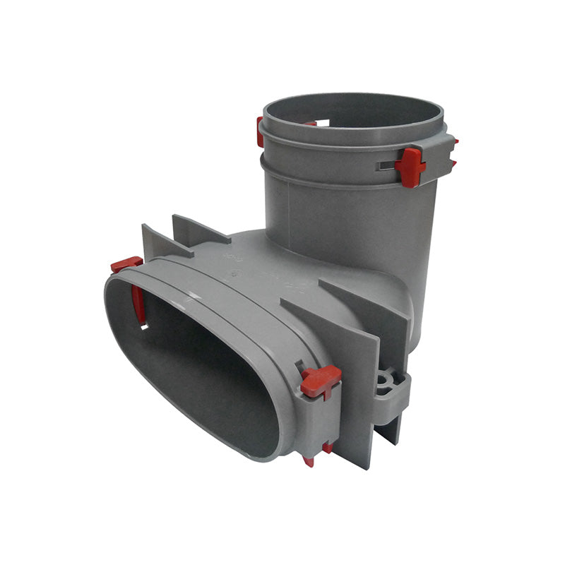 Gray plastic component with red accents on a white background