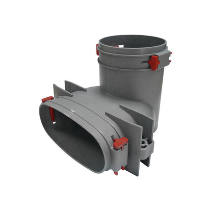 Gray plastic component with red accents on a white background