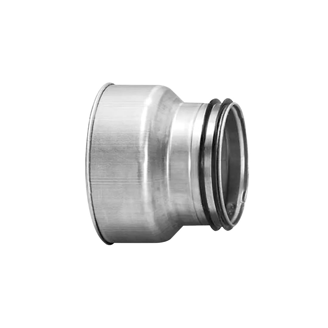 A metal air duct adaptor with rubber seals, featuring a silver finish.