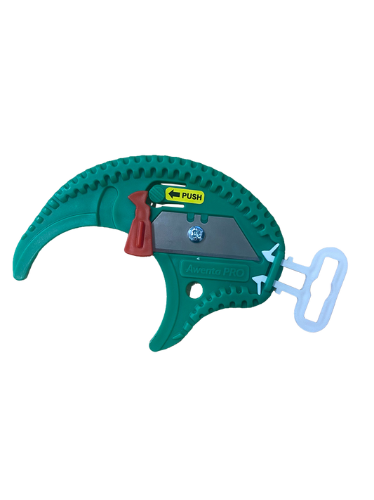 Green plastic tool with a red handle and blue clip on a white background