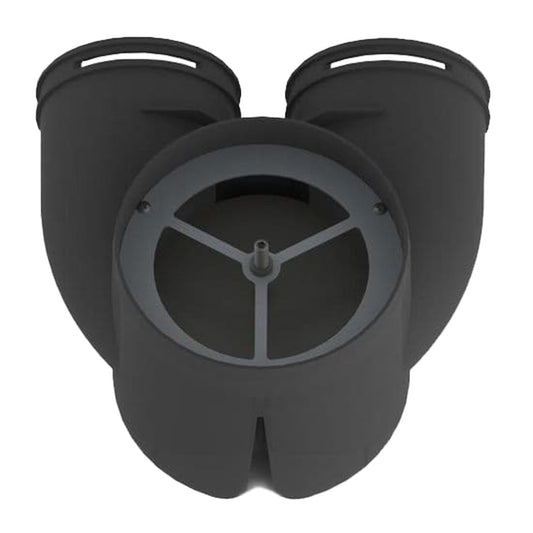 Black three-pronged object on a white background