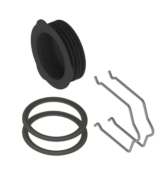 Mechanical parts including a black gasket, spring, and metal washers on a white background