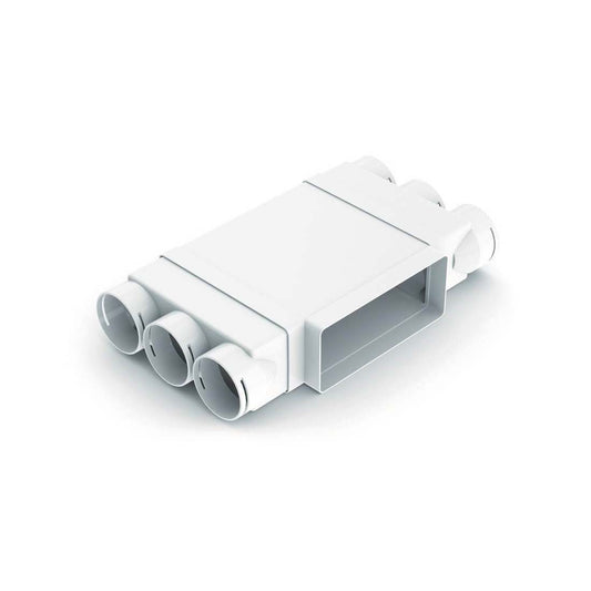 White plastic component with multiple holes on a white background