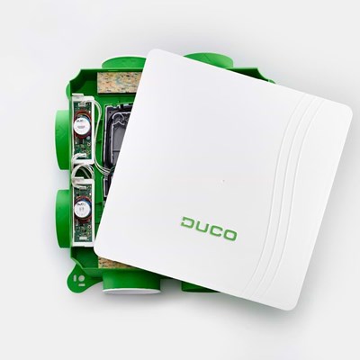 Green electronic device with a white cover displaying the brand 'DUCO' on a white background