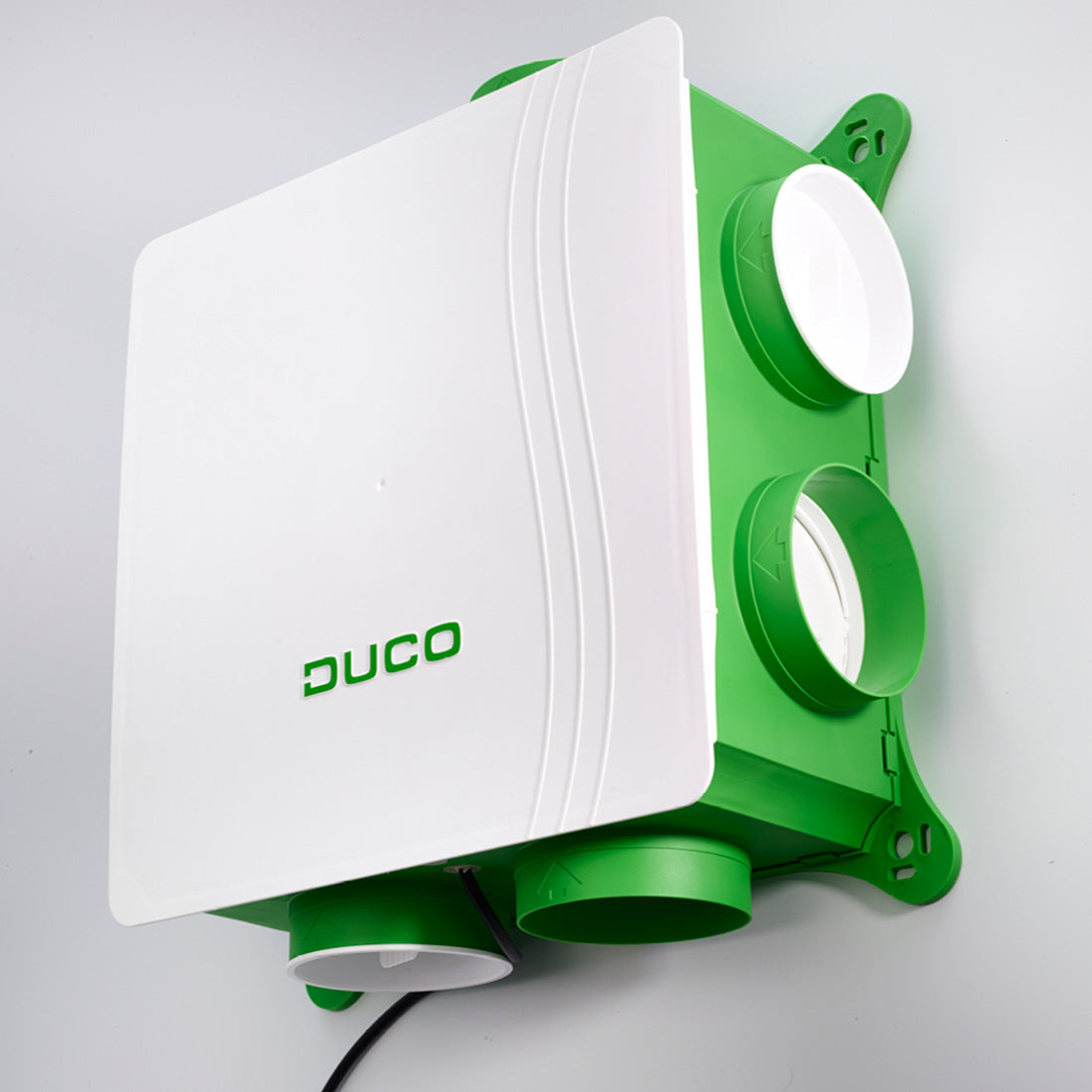 Green and white light fixture with 'DUCO' branding on a gray background