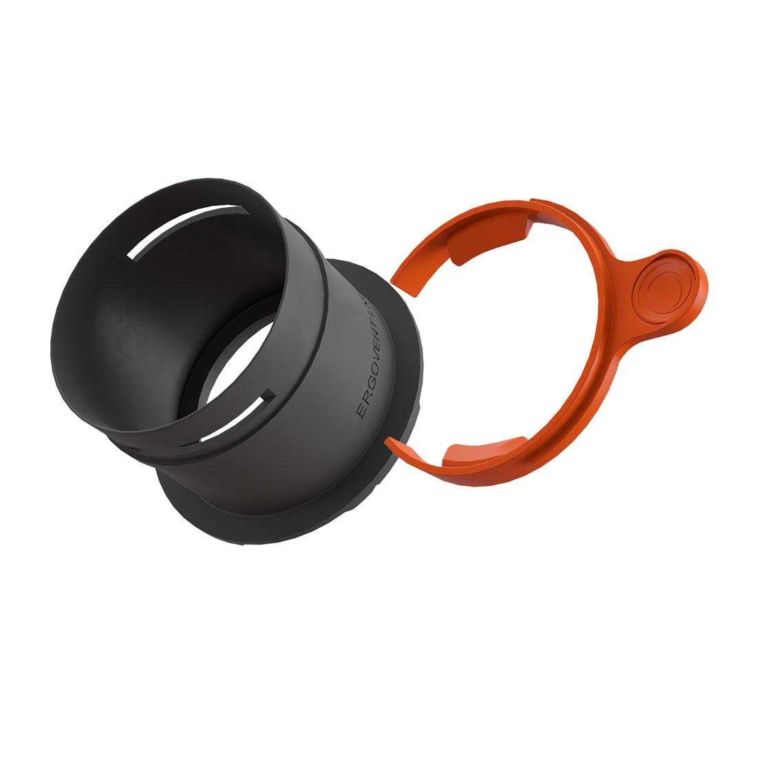 Black and orange rubber duck with a handle on a white background