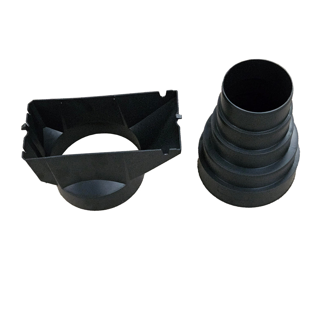 Black plastic components on a white background