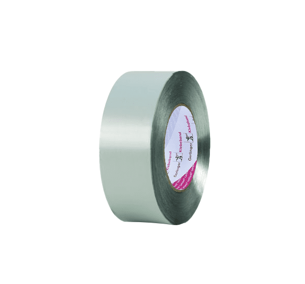 Roll of silver tape with a label on a white background