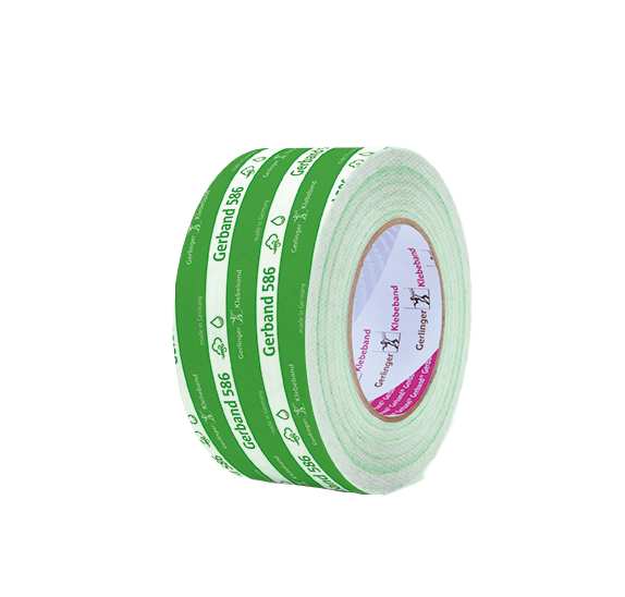 Roll of green and white tape with branding on a white background
