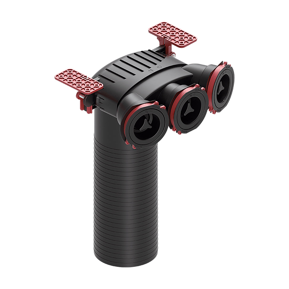 Black and red three-way hose connector on a white background