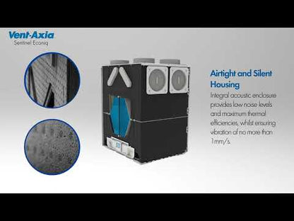 Vent-Axia Sentinel Econiq ventilation system with acoustic enclosures and text on a gray background