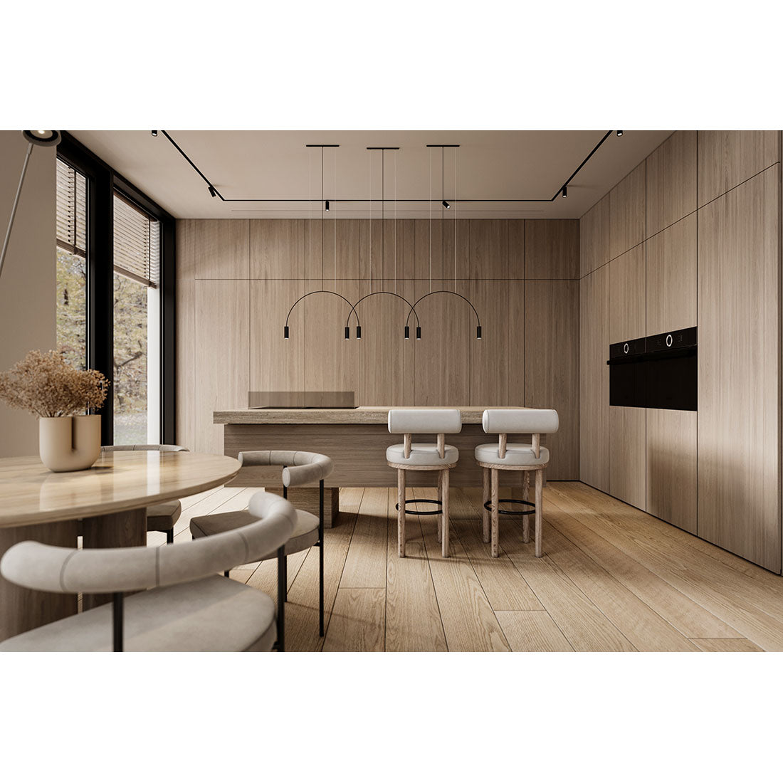 Modern kitchen with wooden cabinets and a dining area.